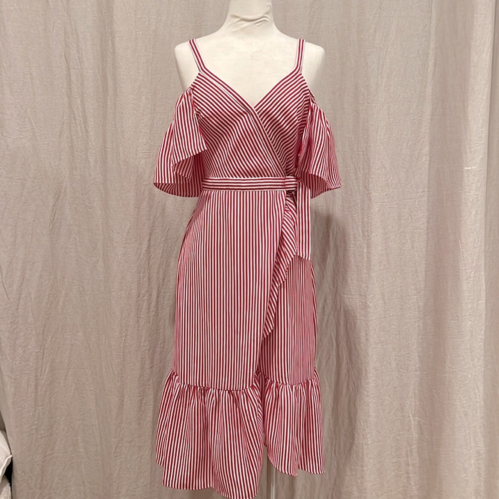 Club Monaco Red and White Seersucker Cocktail Dress Wrap Style